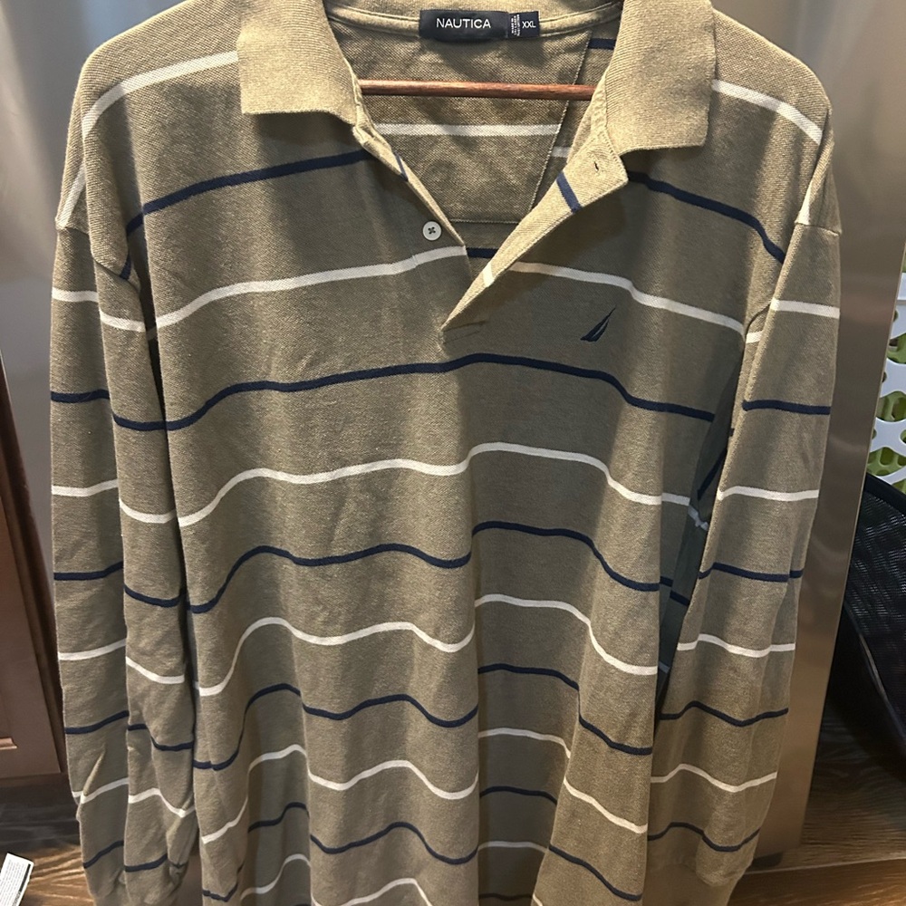 Nautica Men's Polo Shirt - Olive and Navy Stripes